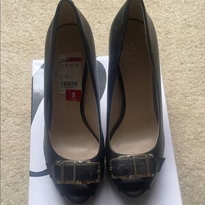 Nine West Black Peep-Toe Pumps with Gold Buckle Accent